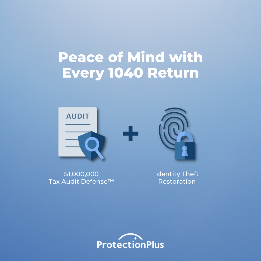 Image indicating Andrew Griffith CPA's partnership with Protection Plus to provide up to one million dollars in audit defense and identity theft restoration coverages with personal income tax returns prepared by Andrew Griffith CPA at no additional cost.